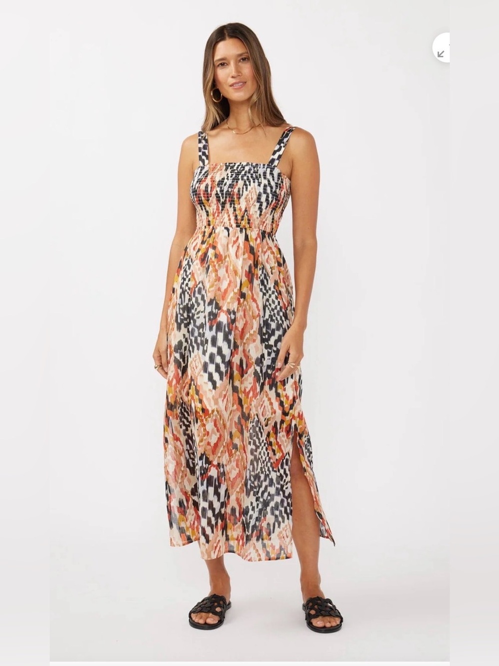 lovestitch Peach Multi Print Smocked Midi Dress